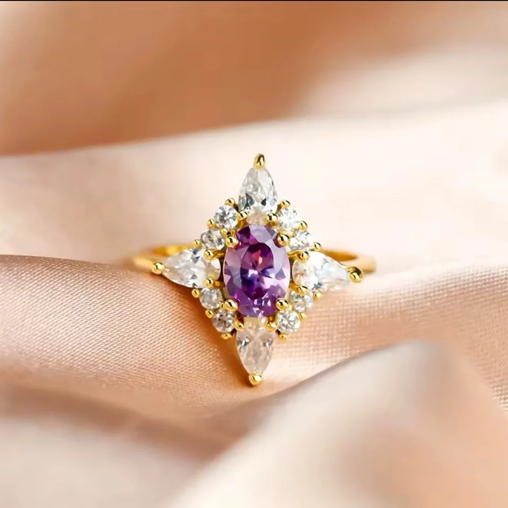 Lab Created Amethyst Gold Plated Crystal CZ Lilac Purple Gemstone Ring size 7